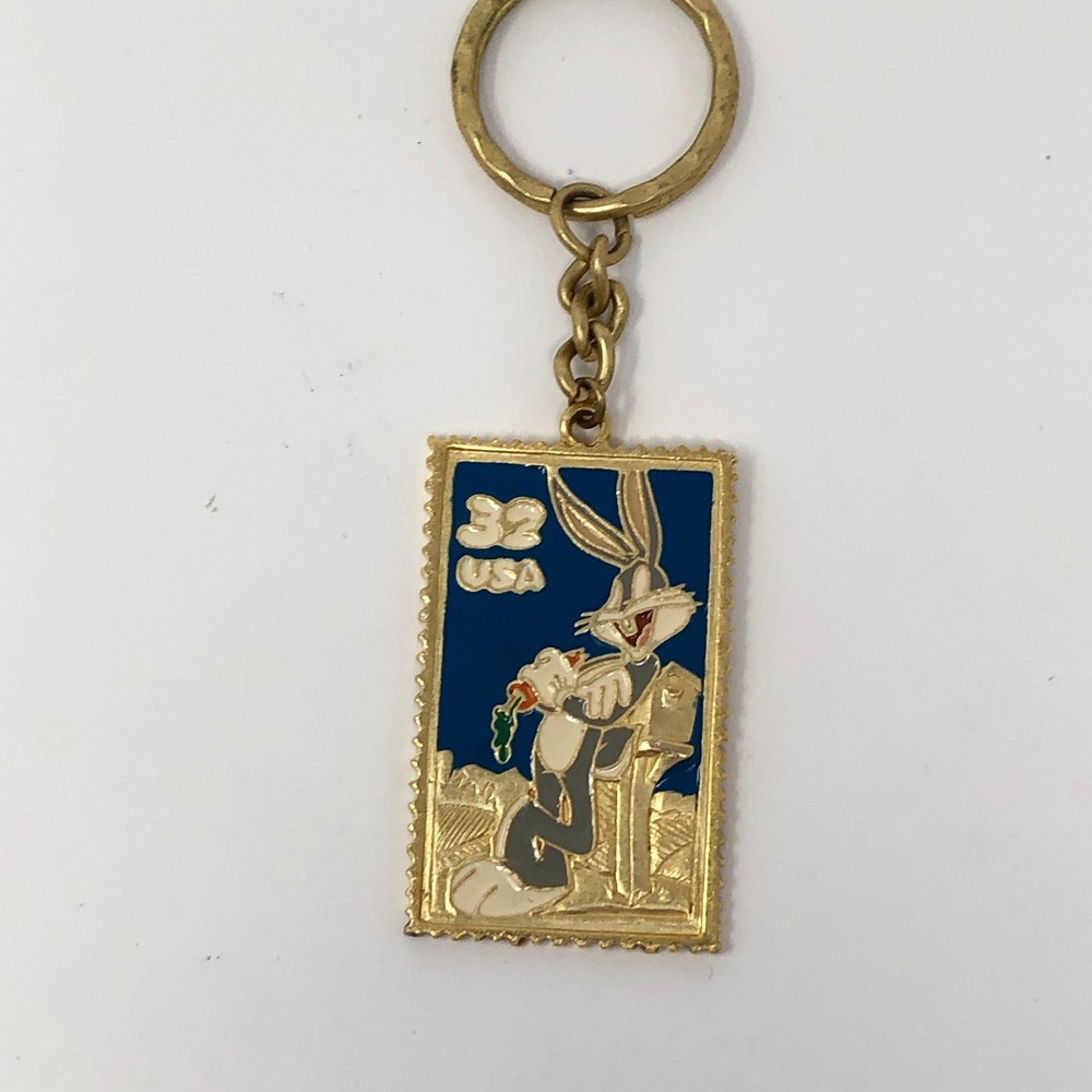 Vintage Bugs Bunny 32 Cent USA Postage Stamp Enamel Keychain Gold Tone 1997